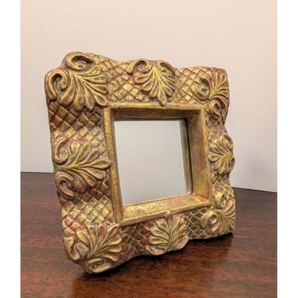 Vintage Ornate Gold Tone Tabletop or Wall Mirror Baroque Floral Scroll 7"